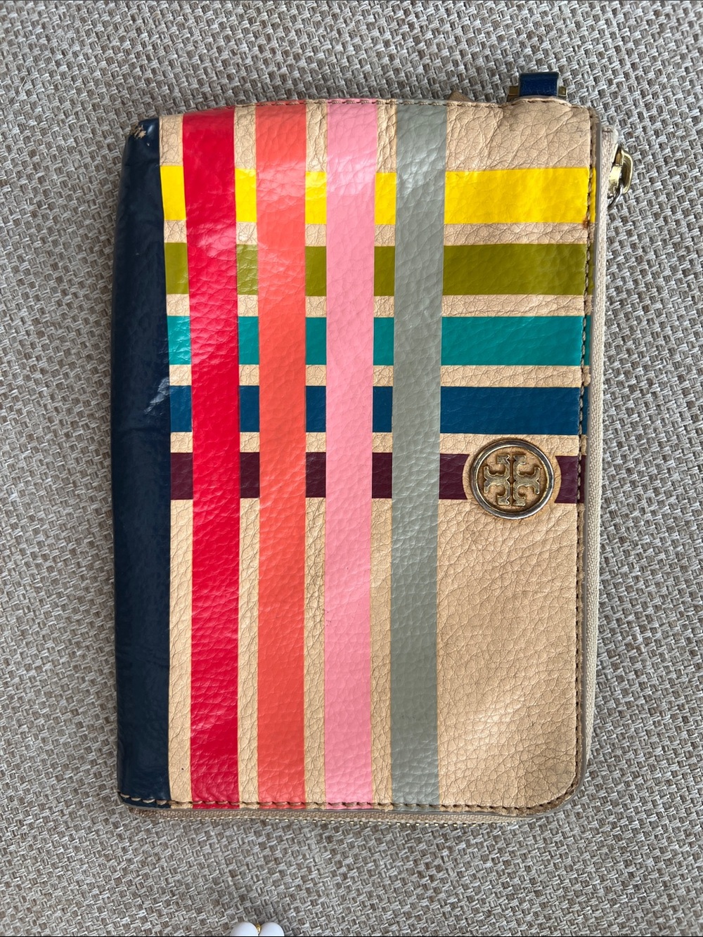 Tory Burch Multistripe Leather Zip Around Pouch in Navy, Red, Pink & Yellow